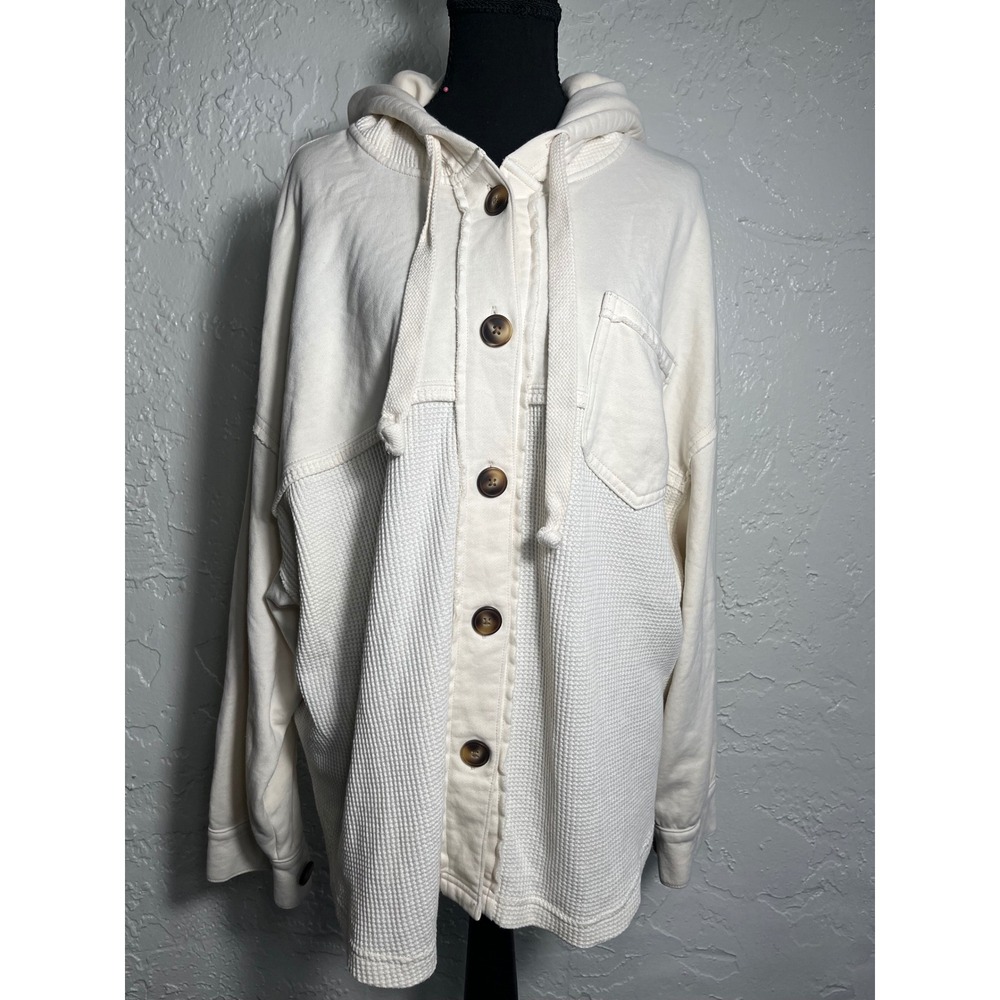 American Eagle Outfitters Women M Cream Mixed Media Waffle Knit Hooded Jacket